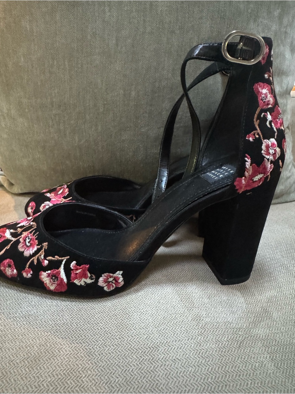 White House Black Market Black Ankle-Strap Heels with Pink Floral Embroidery - Picture 2 of 6